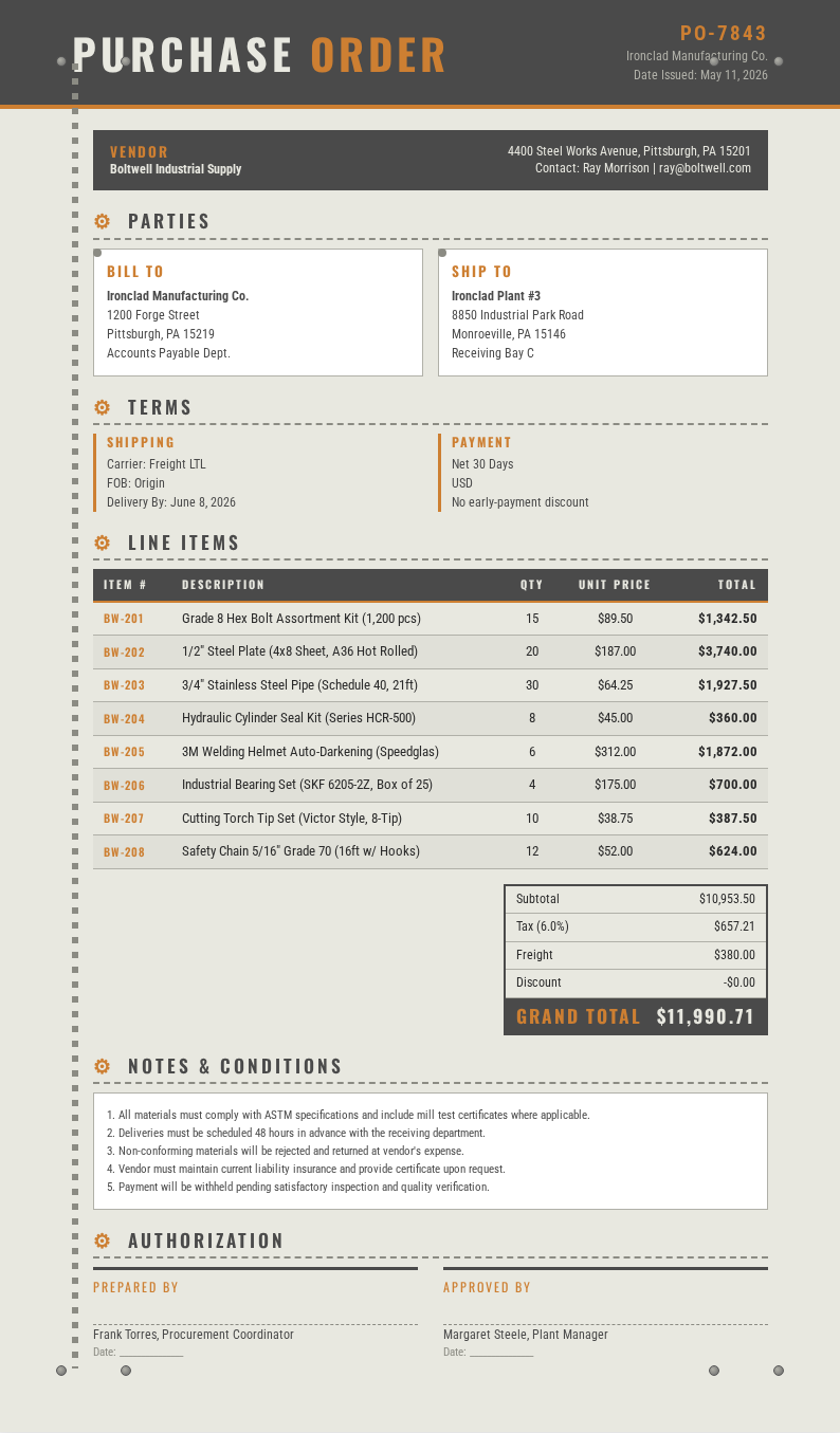 Industrial raw Purchase Order